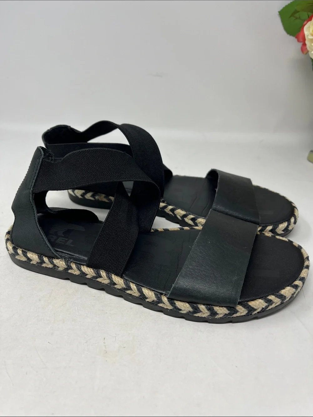 SOREL Ella II Leather Strappy Stretch Sandal Minimalist Espadrille Flats SZ 6.5